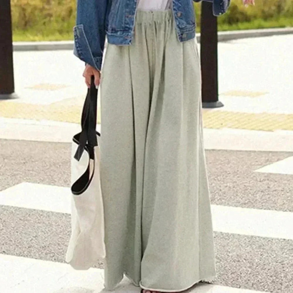 Light Grey Casual Women's Solid Drawstring Waist Wide Leg Pants - Picture 1 of 4